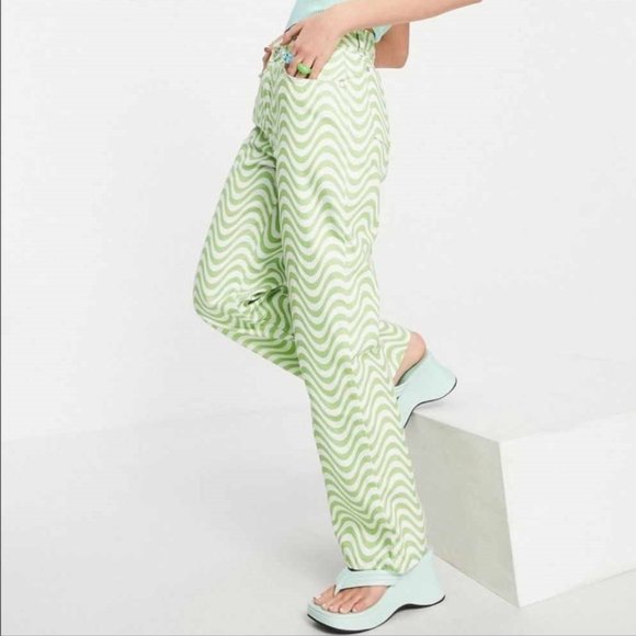 Ragged Jeans Brand Pants Lime Green & White Wavy Pattern Size 26 - Picture 6 of 12